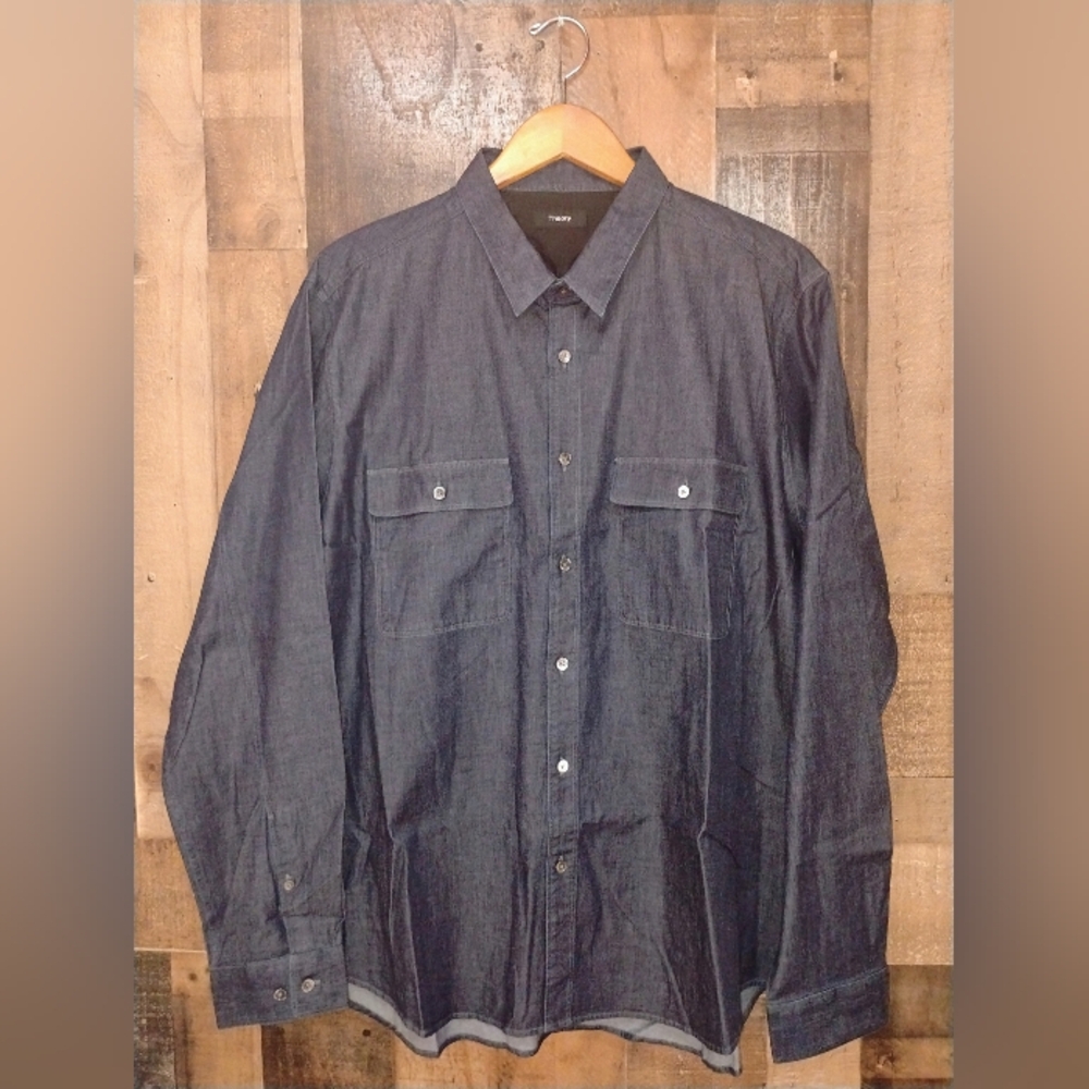 Theory Barham Turini Chambray Button Front Long Sleeve Indigo Blue Shirt Mens